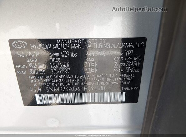 5NMS23AD6KH094510 2019 HYUNDAI SANTA FE Silver 