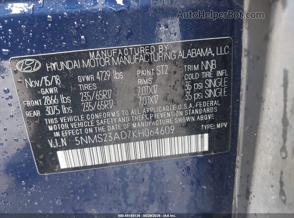 5NMS23AD7KH064609 2019 HYUNDAI SANTA FE Blue Engine compartment view