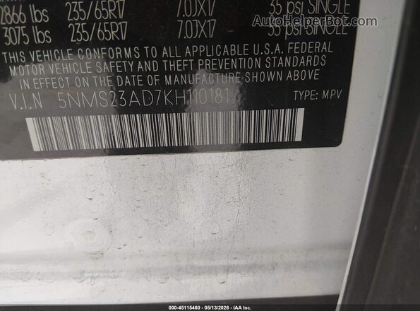 5NMS23AD7KH110181 2019 HYUNDAI SANTA FE Белый Вид подкапотного пространства