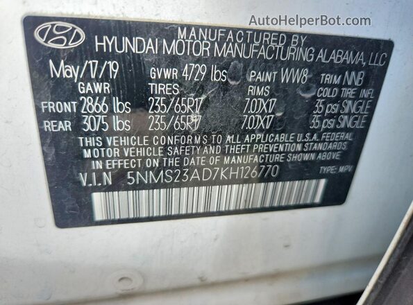 5NMS23AD7KH126770 2019 HYUNDAI SANTA White Вид наклейки з VIN-кодом