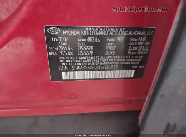 5NMS23AD7LH136930 2020 HYUNDAI SANTA FE Red Vista del compartimento del motor