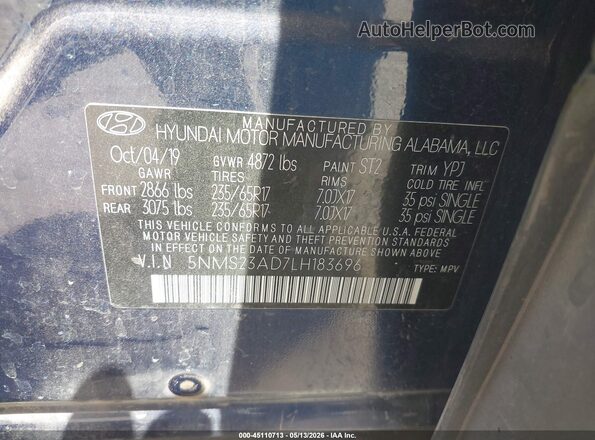 5NMS23AD7LH183696 2020 HYUNDAI SANTA FE Navy Вид підкапотного простору