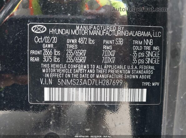 5NMS23AD7LH287699 2020 HYUNDAI SANTA FE Черный Вид подкапотного пространства