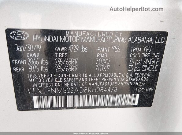 5NMS23AD8KH084478 2019 HYUNDAI SANTA FE Silver Vista del compartimento del motor