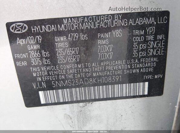 5NMS23AD8KH108391 2019 HYUNDAI SANTA FE Silver Շարժիչի բաժամունքի տեսք