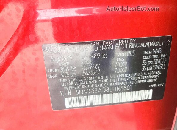 5NMS23AD8LH165501 2020 HYUNDAI SANTA Red VIN sticker view