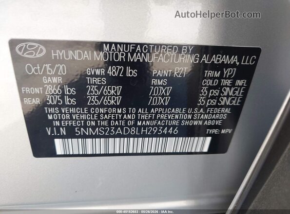 5NMS23AD8LH293446 2020 HYUNDAI SANTA FE Silver ძრავის განყოფილების ხედი