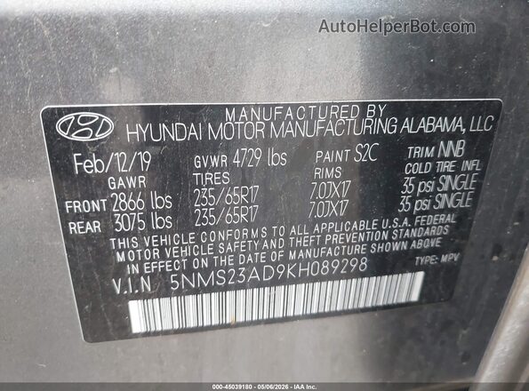 5NMS23AD9KH089298 2019 HYUNDAI SANTA FE Gray Engine compartment view