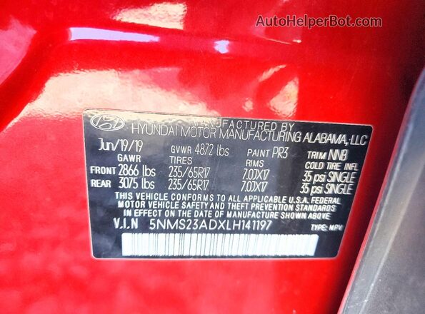 5NMS23ADXLH141197 2020 HYUNDAI SANTA Красный Панорамный вид салона 360°