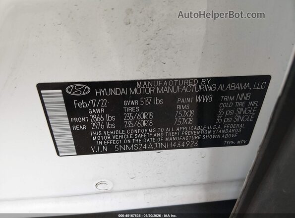 5NMS24AJ1NH434923 2022 HYUNDAI SANTA FE White Widok komory silnika