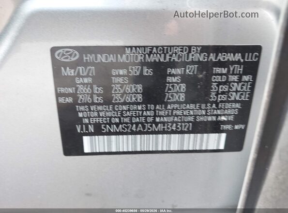 5NMS24AJ5MH343121 2021 HYUNDAI SANTA FE Silver Engine compartment view