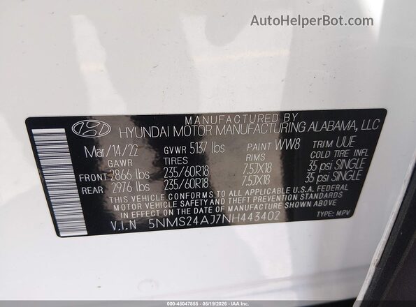 5NMS24AJ7NH443402 2022 HYUNDAI SANTA FE White Vista del compartimento del motor