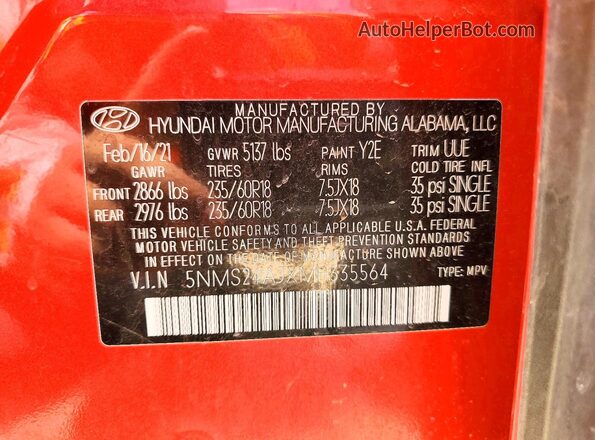 5NMS24AJXMH335564 2021 HYUNDAI SANTA Красный 