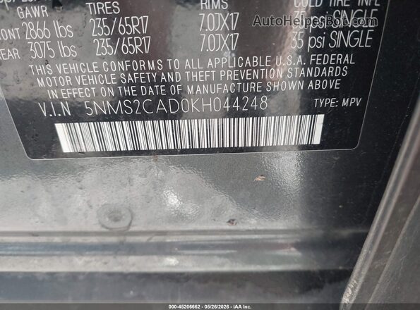 5NMS2CAD0KH044248 2019 HYUNDAI SANTA FE Gray Widok komory silnika