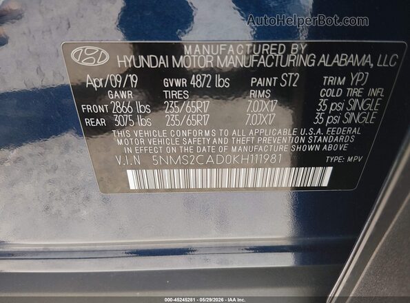 5NMS2CAD0KH111981 2019 HYUNDAI SANTA FE Dark Blue Vista del compartimento del motor