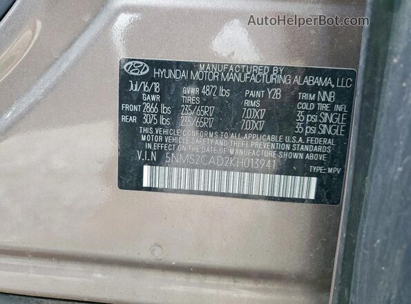 5NMS2CAD2KH013941 2019 HYUNDAI SANTA Tan Вид наклейки з VIN-кодом