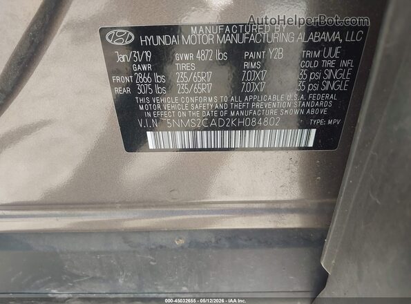 5NMS2CAD2KH084802 2019 HYUNDAI SANTA FE Champagne 