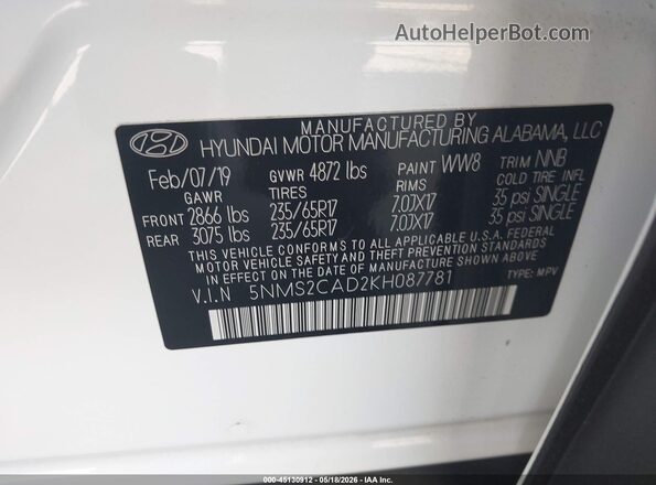 5NMS2CAD2KH087781 2019 HYUNDAI SANTA FE White Vista del compartimento del motor