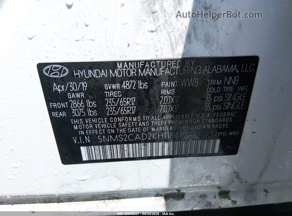5NMS2CAD2KH118415 2019 HYUNDAI SANTA FE White Widok komory silnika