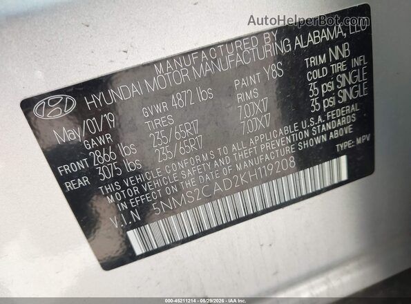 5NMS2CAD2KH119208 2019 HYUNDAI SANTA FE Серебряный Вид подкапотного пространства