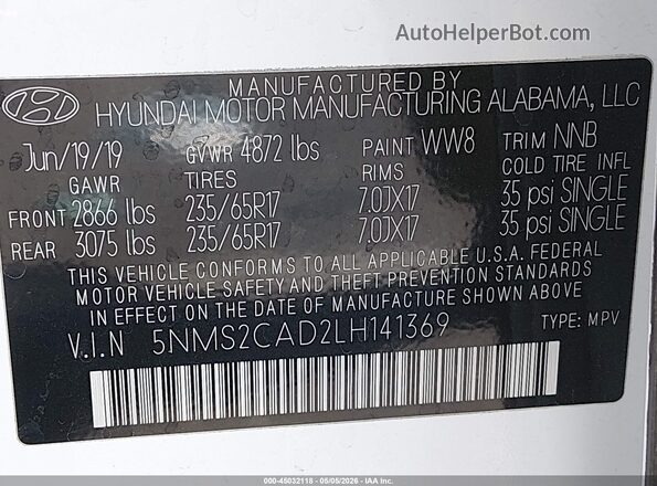 5NMS2CAD2LH141369 2020 HYUNDAI SANTA FE White Vista del compartimento del motor