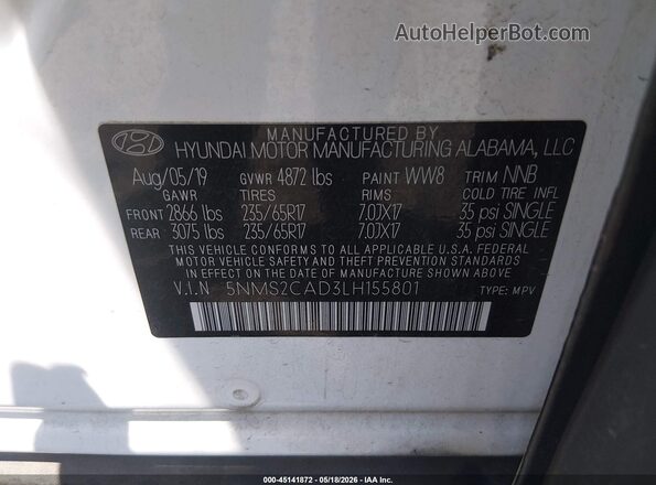 5NMS2CAD3LH155801 2020 HYUNDAI SANTA FE Белый Вид подкапотного пространства