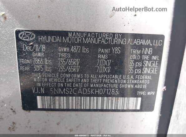 5NMS2CAD5KH071283 2019 HYUNDAI SANTA FE Silver Շարժիչի բաժամունքի տեսք