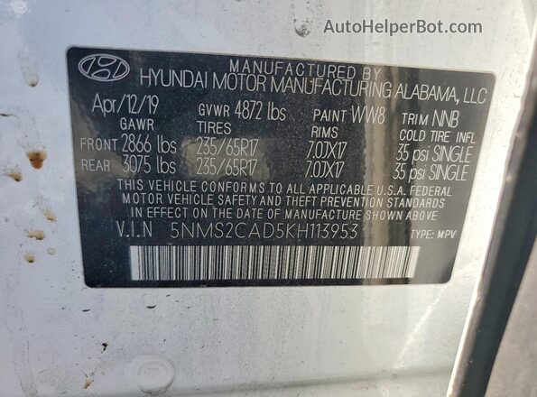 5NMS2CAD5KH113953 2019 HYUNDAI SANTA White 