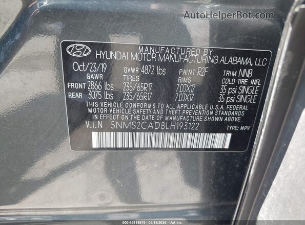 5NMS2CAD8LH193122 2020 HYUNDAI SANTA FE Green Շարժիչի բաժամունքի տեսք