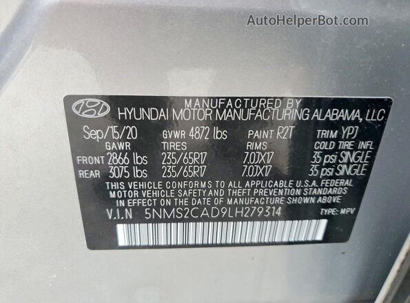 5NMS2CAD9LH279314 2020 HYUNDAI SANTA Silver VIN կոդի պիտակի տեսք