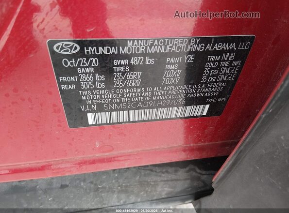5NMS2CAD9LH297036 2020 HYUNDAI SANTA FE Red Вид підкапотного простору