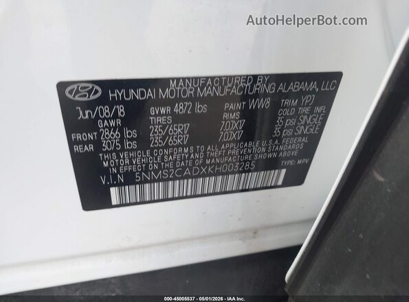 5NMS2CADXKH003285 2019 HYUNDAI SANTA FE White Engine compartment view