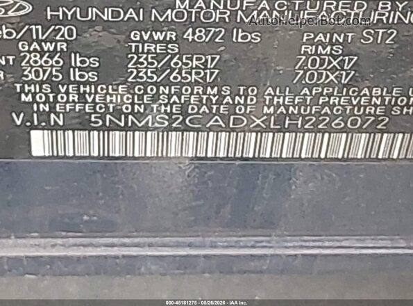 5NMS2CADXLH226072 2020 HYUNDAI SANTA FE Blue Вид підкапотного простору