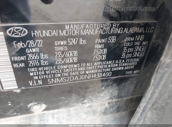 5NMS2DAJ0NH438400 2022 HYUNDAI SANTA FE Black Vista del compartimento del motor
