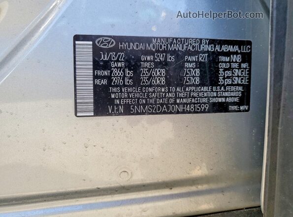 5NMS2DAJ0NH481599 2022 HYUNDAI SANTA Silver VIN კოდის სტიკერის ხედი