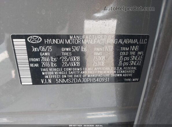 5NMS2DAJ0PH540931 2023 HYUNDAI SANTA FE Gray Вид підкапотного простору