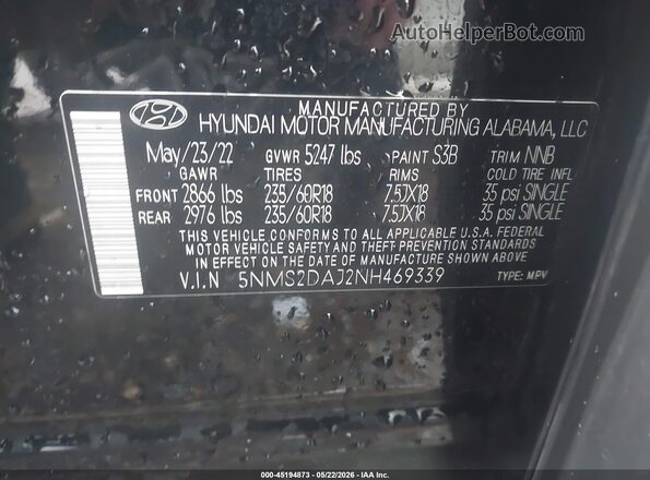 5NMS2DAJ2NH469339 2022 HYUNDAI SANTA FE Black Շարժիչի բաժամունքի տեսք
