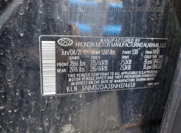 5NMS2DAJ3NH374658 2022 HYUNDAI SANTA Черный 