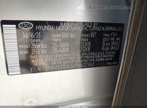 5NMS2DAJ4PH602363 2023 HYUNDAI SANTA FE Gray Widok komory silnika