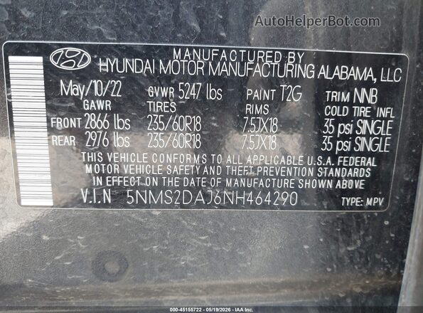 5NMS2DAJ6NH464290 2022 HYUNDAI SANTA FE Black Շարժիչի բաժամունքի տեսք