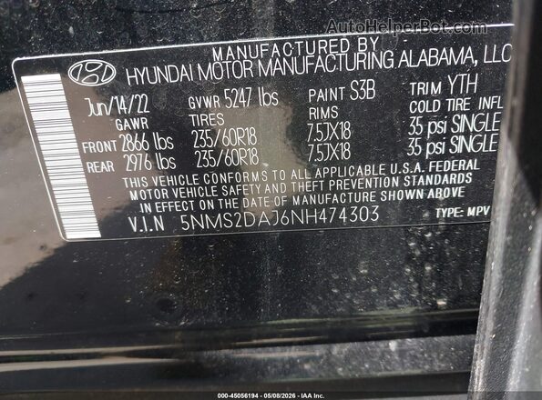5NMS2DAJ6NH474303 2022 HYUNDAI SANTA FE Черный Вид подкапотного пространства