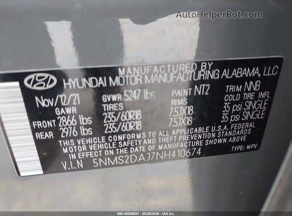 5NMS2DAJ7NH410674 2022 HYUNDAI SANTA FE Gray Շարժիչի բաժամունքի տեսք