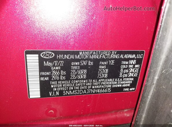 5NMS2DAJ7NH466615 2022 HYUNDAI SANTA FE Red Вид підкапотного простору