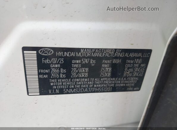 5NMS2DAJ7PH551201 2023 HYUNDAI SANTA FE White Vista del compartimento del motor
