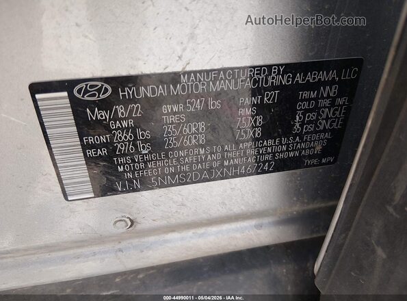 5NMS2DAJXNH467242 2022 HYUNDAI SANTA FE Серебряный Вид подкапотного пространства