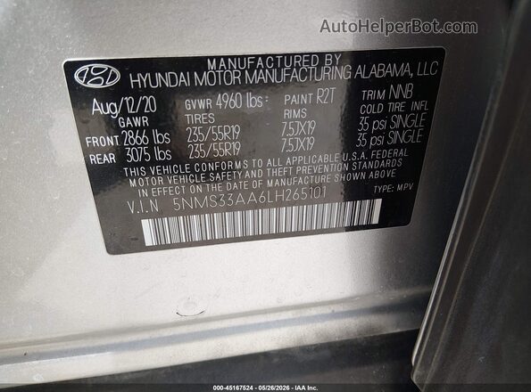 5NMS33AA6LH265101 2020 HYUNDAI SANTA FE Silver Widok komory silnika