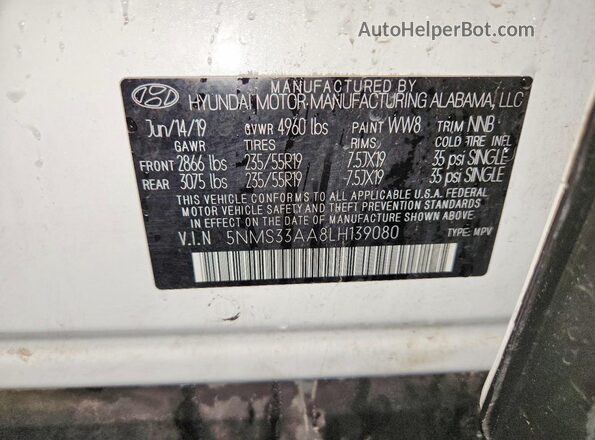 5NMS33AA8LH139080 2020 HYUNDAI SANTA White VIN კოდის სტიკერის ხედი