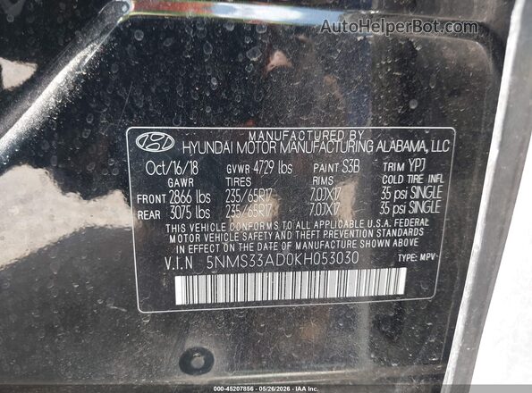 5NMS33AD0KH053030 2019 HYUNDAI SANTA FE Black Widok komory silnika