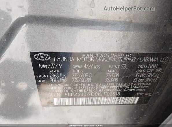 5NMS33AD0KH106518 2019 HYUNDAI SANTA FE Gray Vista del compartimento del motor