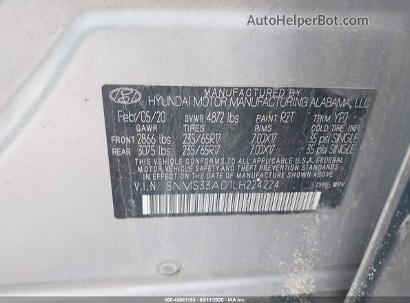 5NMS33AD1LH224224 2020 HYUNDAI SANTA FE Silver Вид підкапотного простору